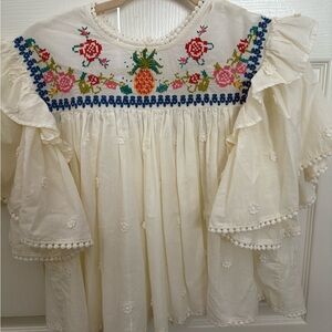 Farm Rio Embroidered Cream Ruffle Top